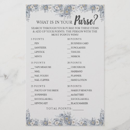 What is in your Purse Gray Floral Shower Game Card Flyer