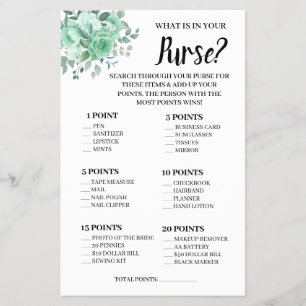 What is in your Purse GreenRoses Shower Game Card Flyer