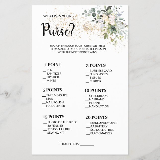 What is in your Purse Herbal Shower Game Card  Flyer (Front)