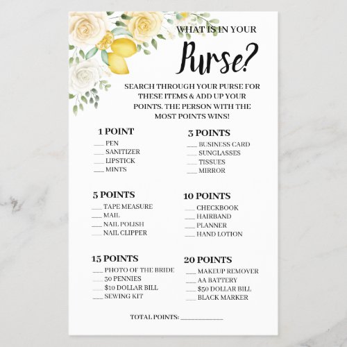 What is in your Purse LemonRoses Shower Game Card Flyer