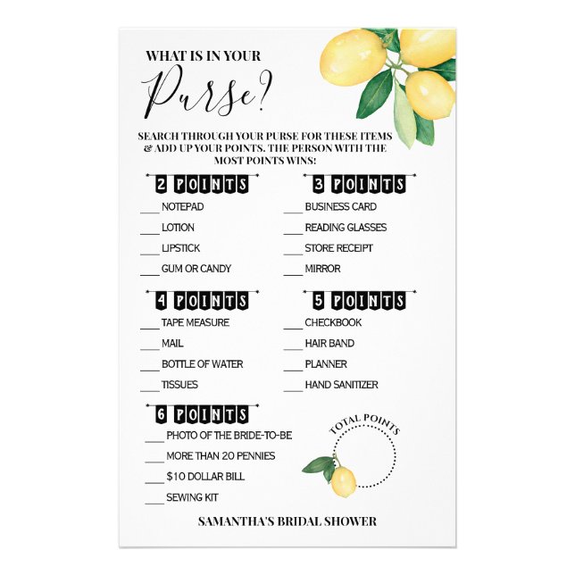 What is in your Purse Lemons Shower Game Card Flyer (Front)