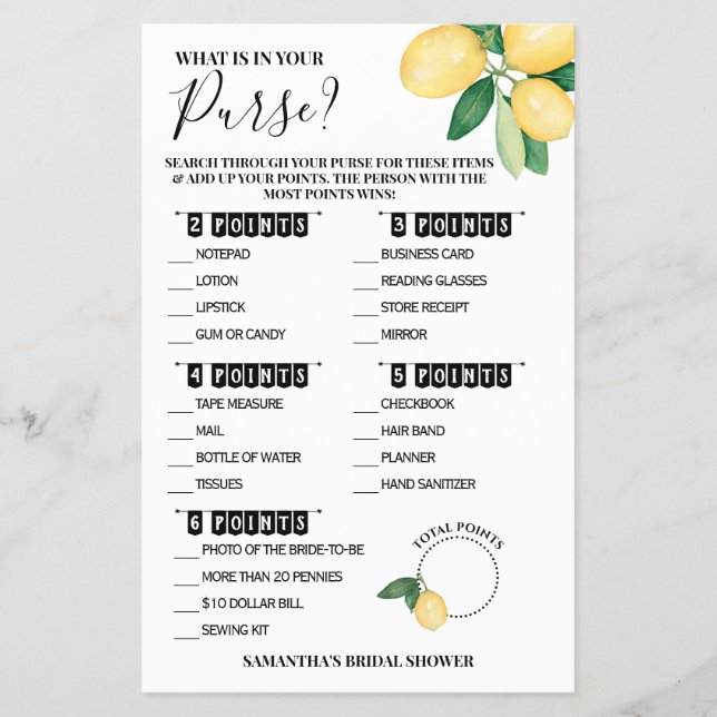What is in your Purse Lemons Shower Game Card Flyer (Front)