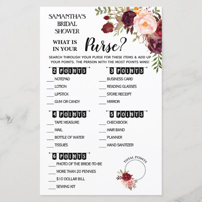 What is in your Purse Marsala Bridal Shower Game (Front)