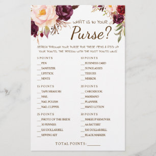 What is in your Purse Marsala Shower Game Card Flyer