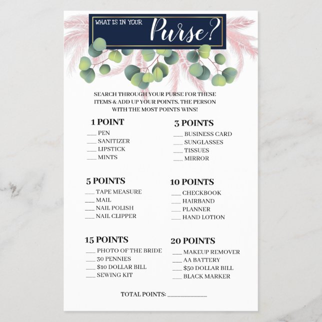 What is in your Purse Pampas Grass Game Card Flyer (Front)