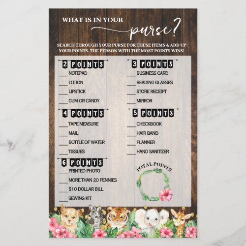 What is in your Purse Pink Safari Baby Shower Game