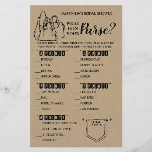 What is in your Purse Rustic Bridal Shower Game Flyer