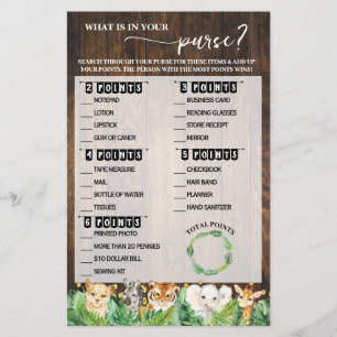 What is in your Purse Safari Baby Shower Game Flyer