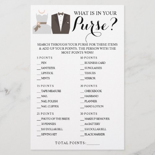 What is in your Purse Shower Game Card Flyer