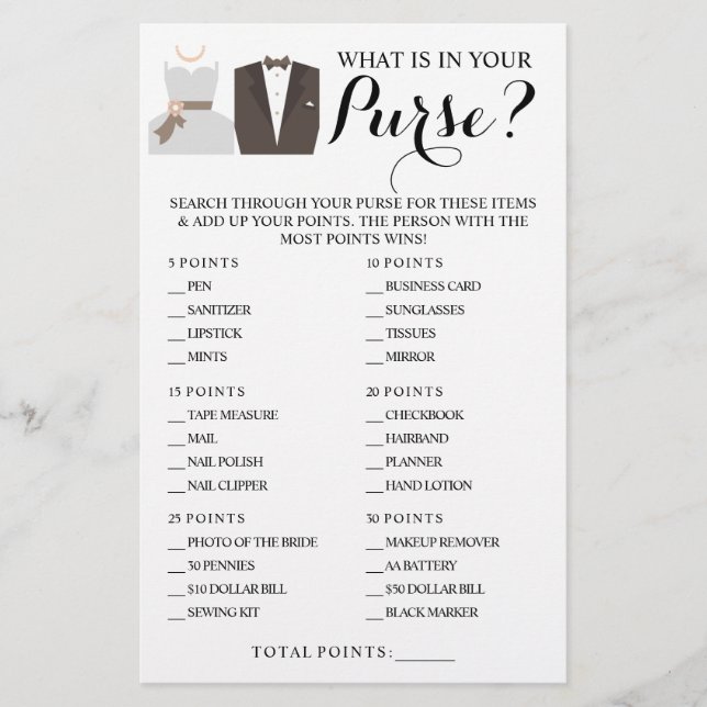 What is in your Purse Shower Game Card Flyer (Front)
