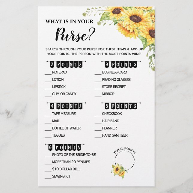 What is in your Purse Shower Sunflowers Game Card Flyer (Front)