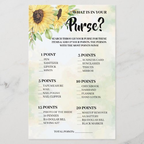 What is in your Purse Sunflowers Shower Game Card Flyer