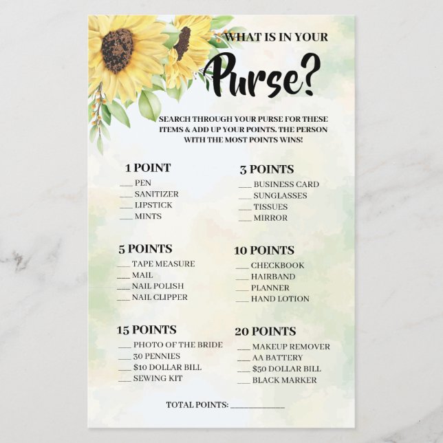 What is in your Purse Sunflowers Shower Game Card Flyer (Front)