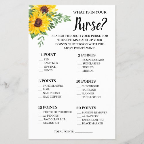 What is in your Purse Sunflowers Shower Game Card Flyer