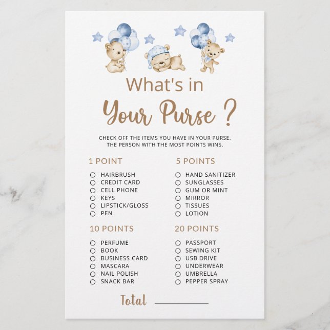 What is in Your Purse Teddy Bear Boy Baby Shower  (Front)