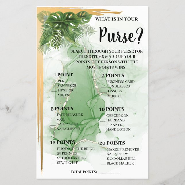 What is in your Purse Tropical Shower Game Card Flyer (Front)