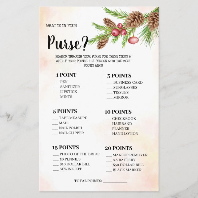 What is in your Purse Wedding Shower Game Card Flyer (Front)