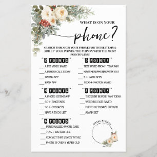 What is on Phone Winter Bridal Shower Game Card Flyer