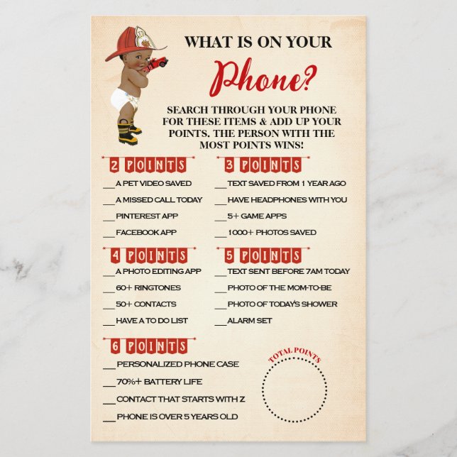 What is on your Phone AA Fireman Shower Game Card Flyer (Front)