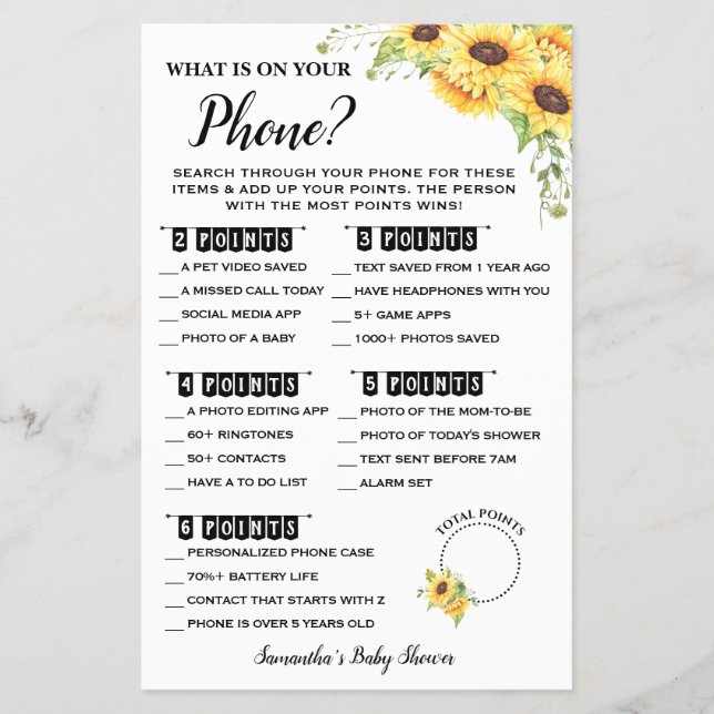 What is on your Phone Baby Shower Game Card Flyer (Front)