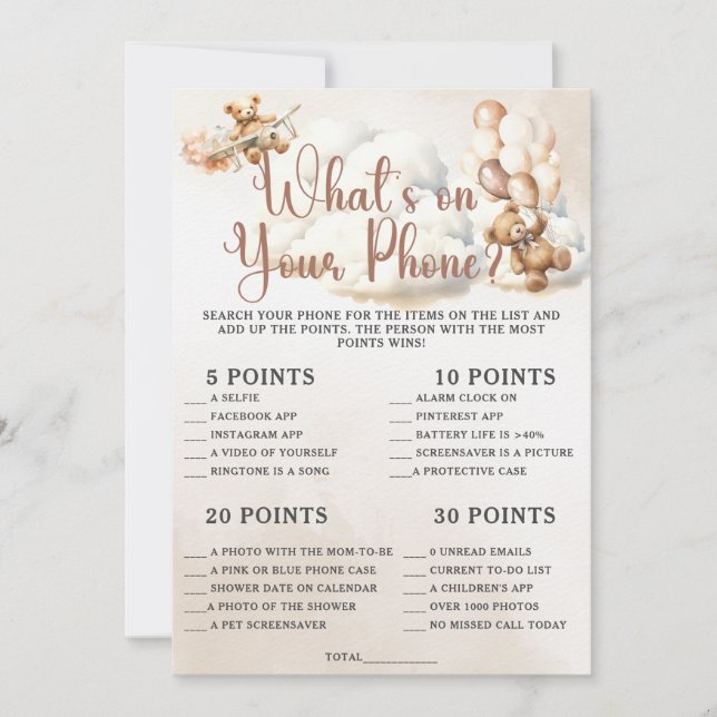 WHAT IS ON YOUR PHONE Baby Shower Game Cute Bear Invitation (Front)