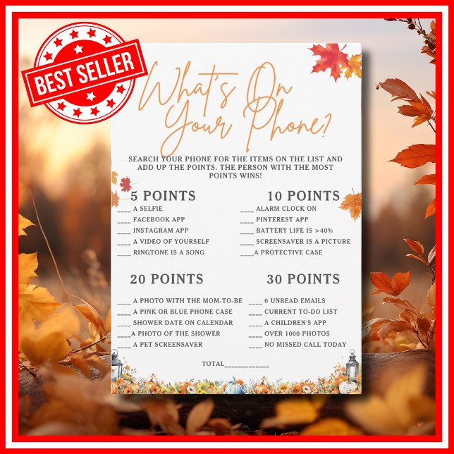 WHAT IS ON YOUR PHONE Baby Shower Game PUMPKIN Invitation (WHAT IS ON YOUR PHONE Easy Baby Shower Game A Little Pumpkin is on the Way Fall Autumn Theme )