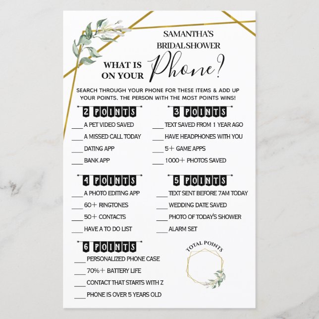 What is on your Phone bilingual bridal shower game (Front)