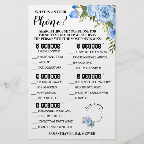 What is on your Phone Bridal Shower Blue Game Card Flyer