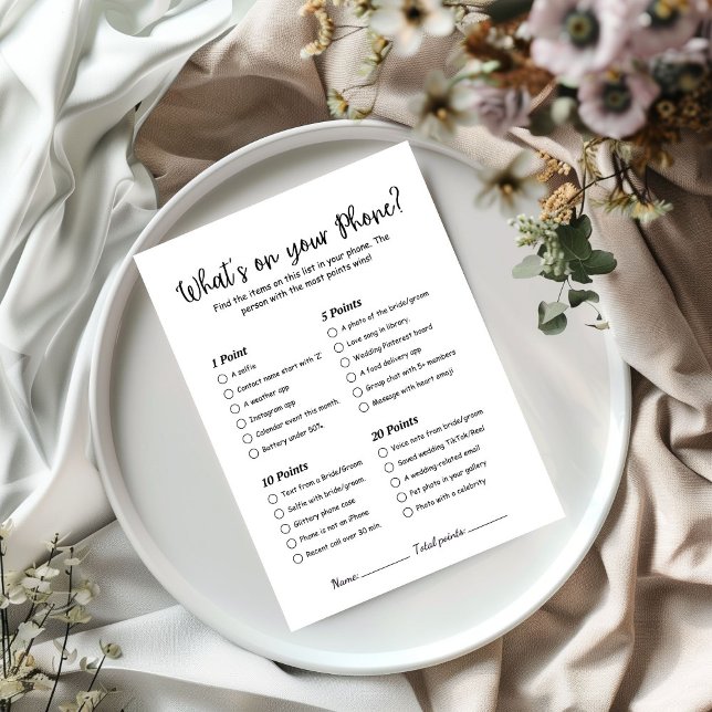 What is on your phone bridal shower Game card (Creator Uploaded)