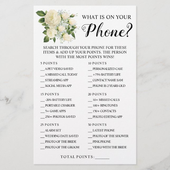 What is on your Phone Bridal Shower Game Card Flyer (Front)