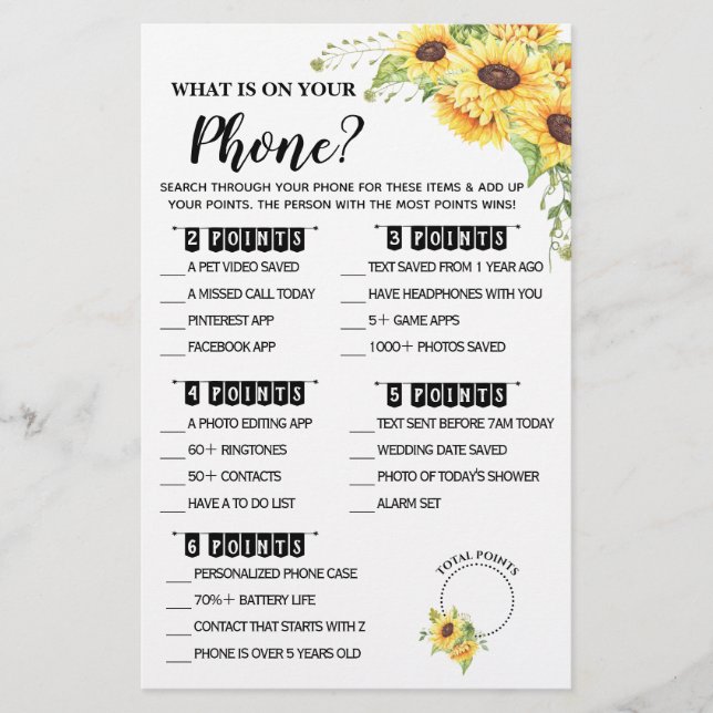 What is on your Phone Bridal Shower Game Card Flyer (Front)