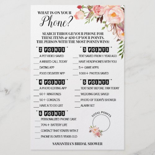 What is on your Phone Bridal Shower Pink Game Card Flyer