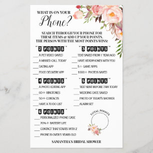 What is on your Phone Bridal Shower Pink Game Card Flyer
