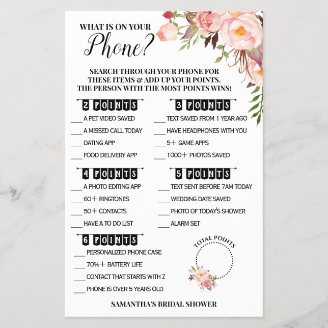What is on your Phone Bridal Shower Pink Game Card Flyer (Front)