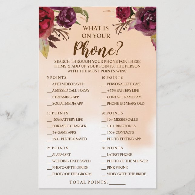 What is on your Phone Burgundy Shower Game Card Flyer (Front)