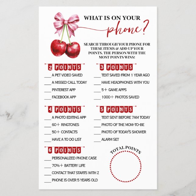What is on your Phone Cherry Baby Shower Game Card Flyer (Front)