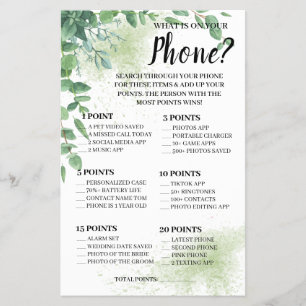 What is on your Phone Eucalyptus Shower Game Card Flyer