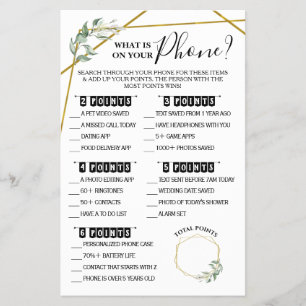 What is on your Phone Greenery Shower Game Card Flyer