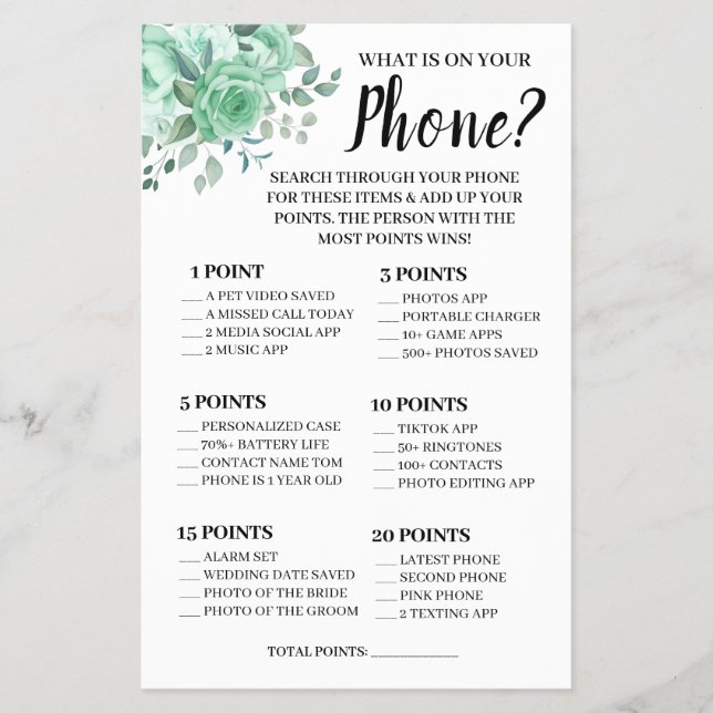 What is on your Phone GreenRoses Shower Game Card  Flyer (Front)