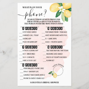 What is on your Phone Lemons Pink Shower Game Card Flyer