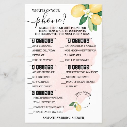 What is on your Phone Lemons Pink Shower Game Card Flyer