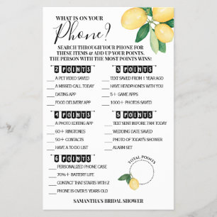 What is on your Phone Lemons Shower Game Card Flyer