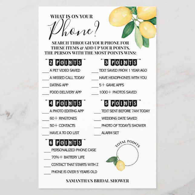 What is on your Phone Lemons Shower Game Card Flyer (Front)