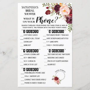 What is on your Phone Marsala Bridal Shower Game