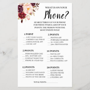 What is on your Phone Marsala Shower Game Card Fly Flyer