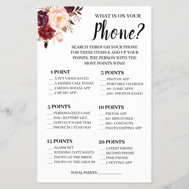 What is on your Phone Marsala Shower Game Card Fly Flyer (Front)