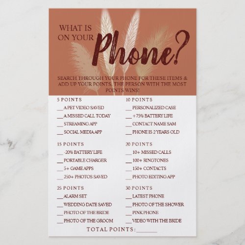 What is on your Phone Pampas Shower Game Card  Flyer