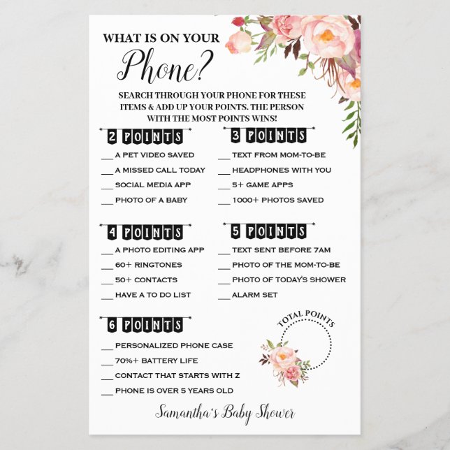 What is on your Phone Pink Baby Shower Game Card Flyer (Front)