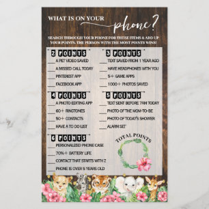 What is on your Phone Pink Safari Shower Game Card Flyer