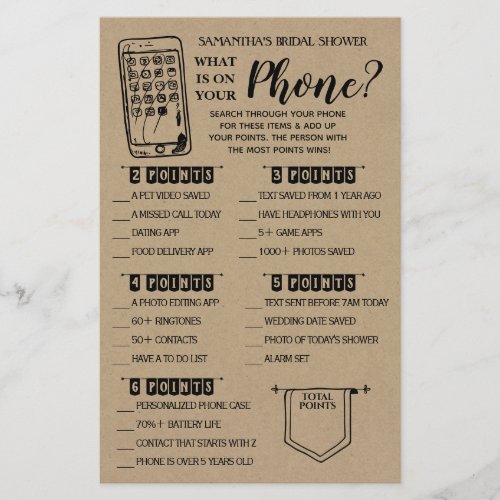 What is on your Phone Rustic Bridal Shower Game Flyer